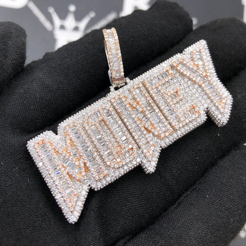 .925 Silver MONEY Baguette VVS CZ Iced Out Pendant White Gold HipHopBling