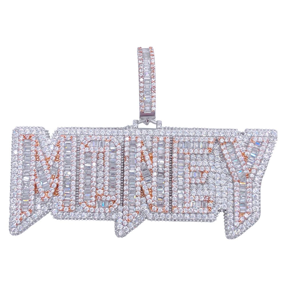 .925 Silver MONEY Baguette VVS CZ Iced Out Pendant White Gold HipHopBling