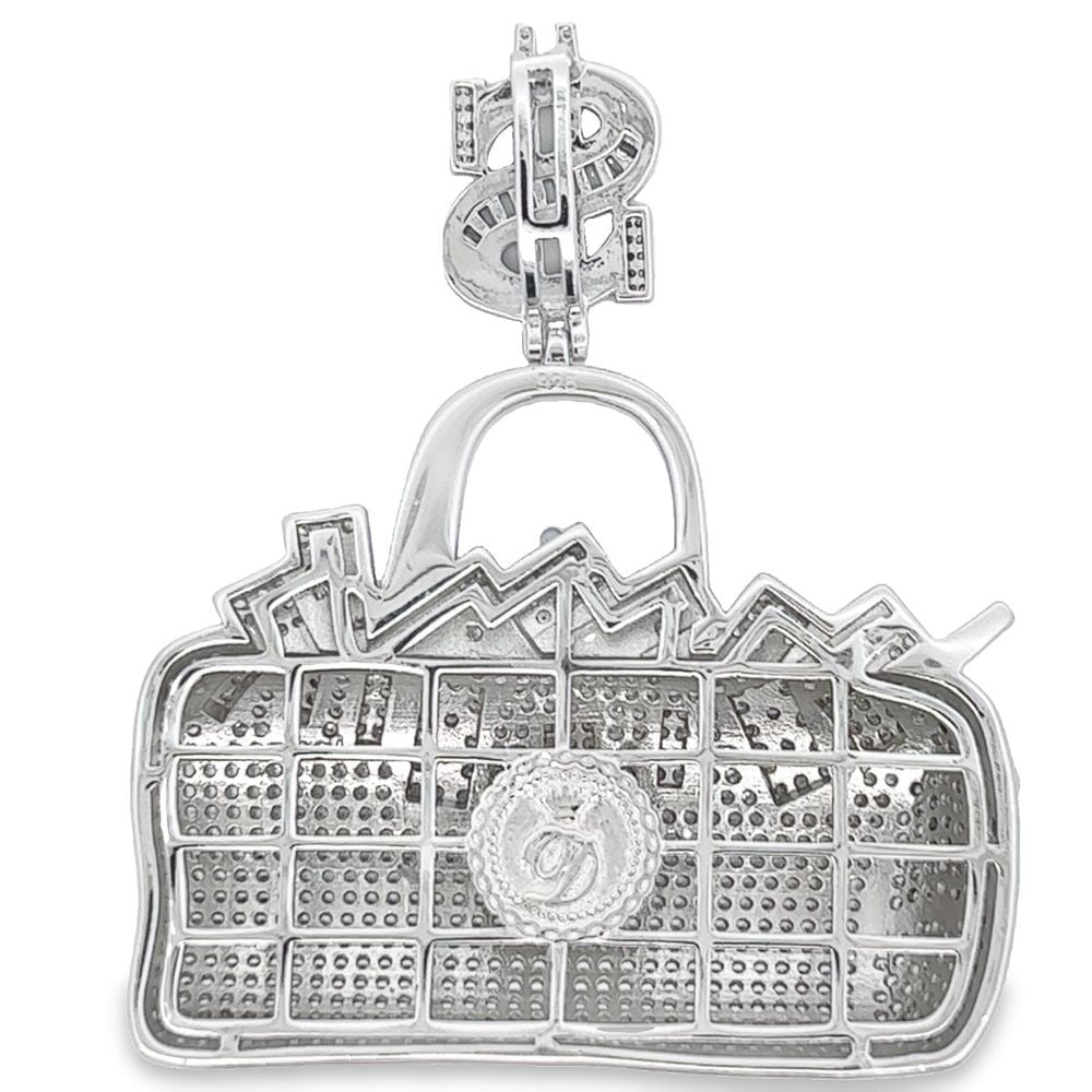 .925 Silver Money Filled Duffle Bag CZ Iced Out Pendant HipHopBling