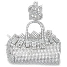 .925 Silver Money Filled Duffle Bag CZ Iced Out Pendant White Gold HipHopBling