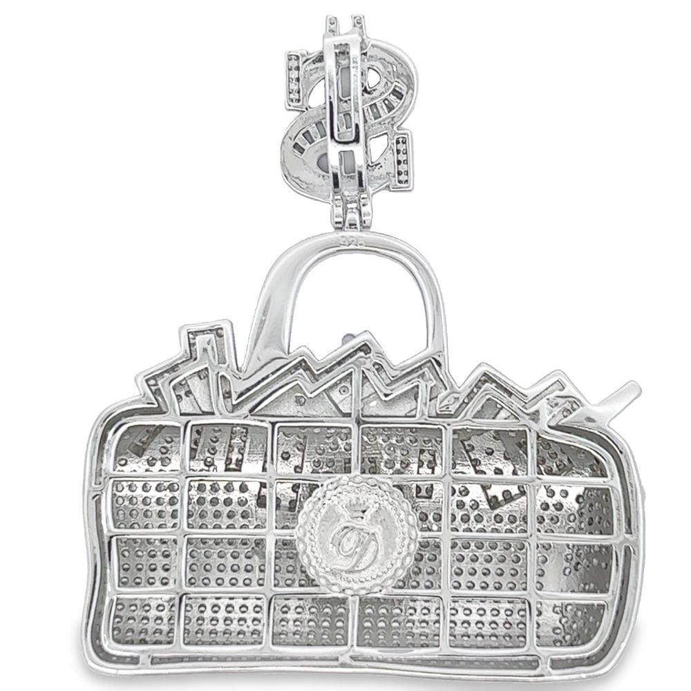 .925 Silver Money Filled Duffle Bag CZ Iced Out Pendant White Gold HipHopBling