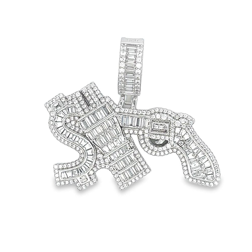 .925 Silver Money Power Respect $ Plug Gun CZ Iced Out Pendant White Gold HipHopBling