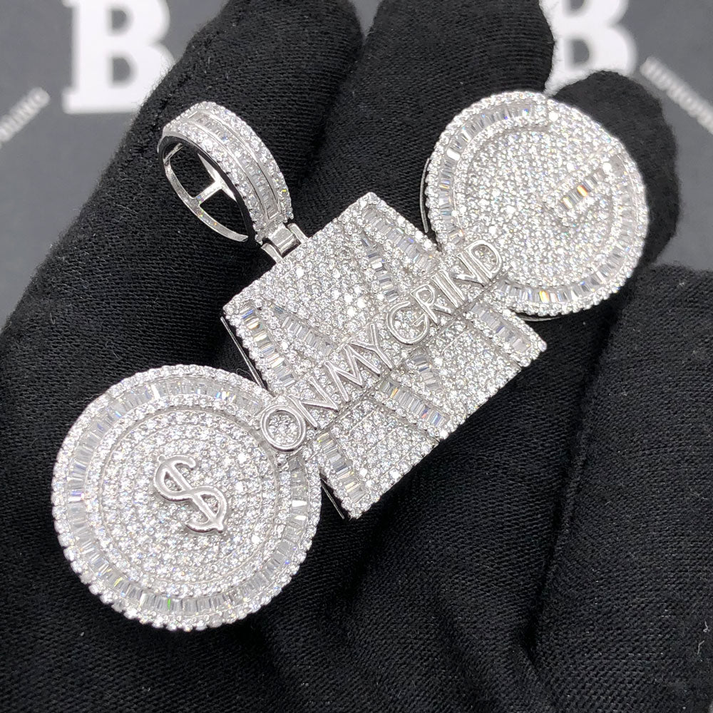 .925 Silver OMG On My Grind VVS CZ Iced Out Pendant White Gold HipHopBling
