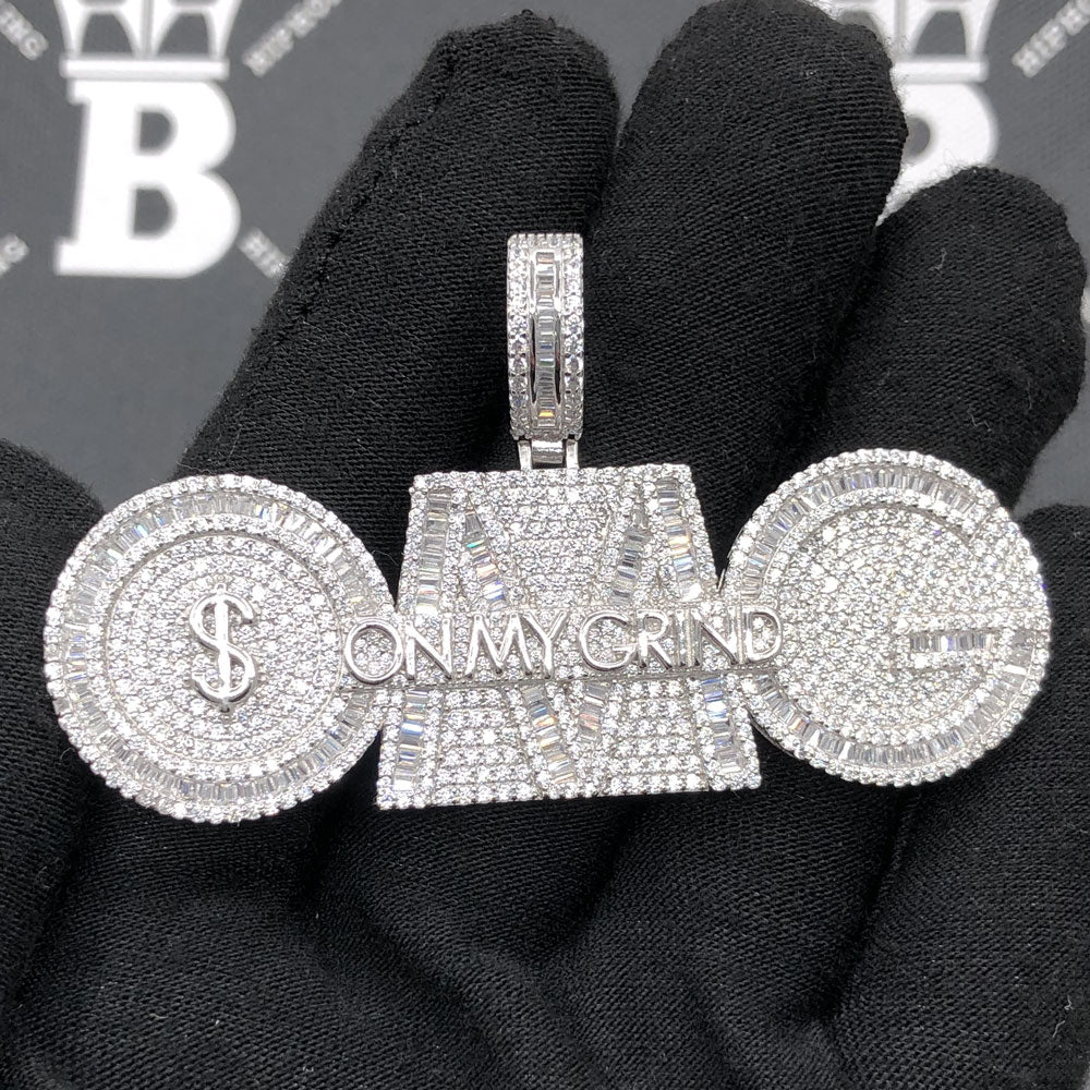 .925 Silver OMG On My Grind VVS CZ Iced Out Pendant White Gold HipHopBling