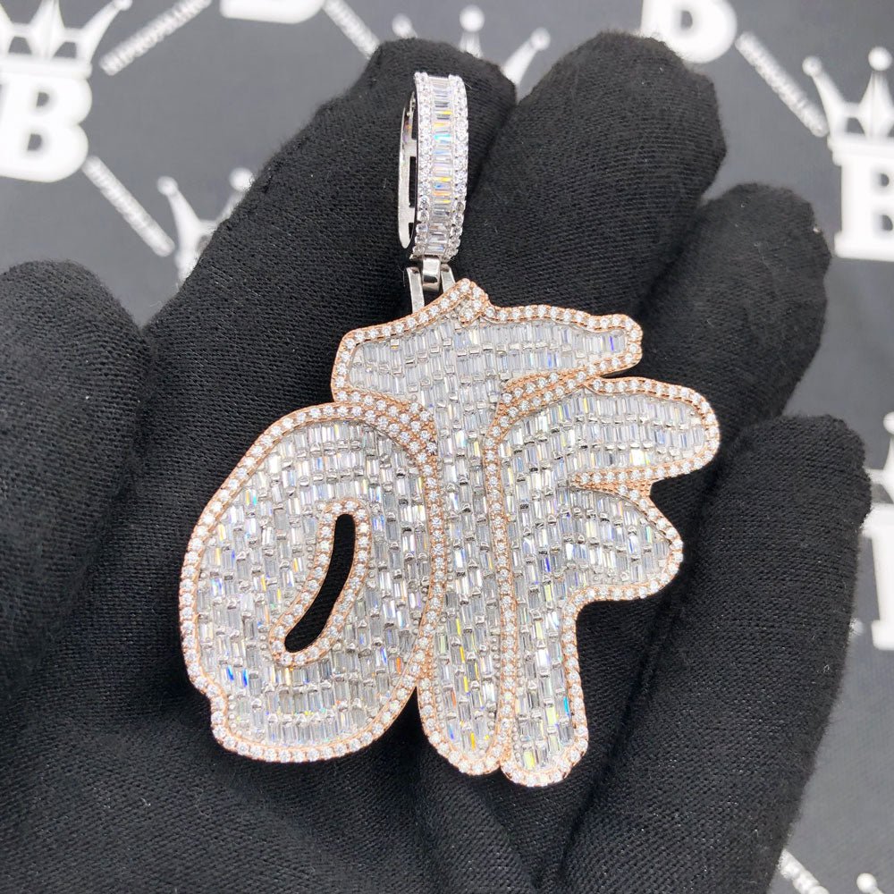 .925 Silver OTF Baguette VVS CZ Iced Out Pendant White Gold HipHopBling