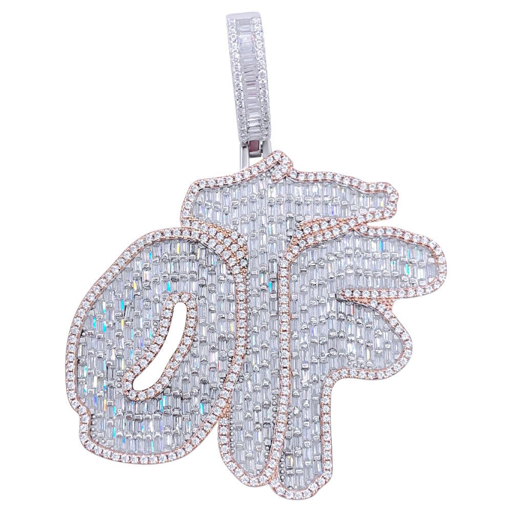 .925 Silver OTF Baguette VVS CZ Iced Out Pendant White Gold HipHopBling