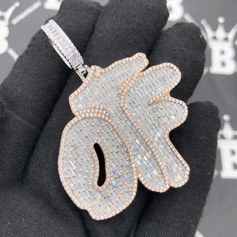 .925 Silver OTF Baguette VVS CZ Iced Out Pendant White Gold HipHopBling