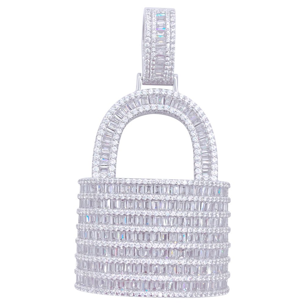 .925 Silver Padlock Baguette VVS CZ Iced Out Pendant White Gold HipHopBling