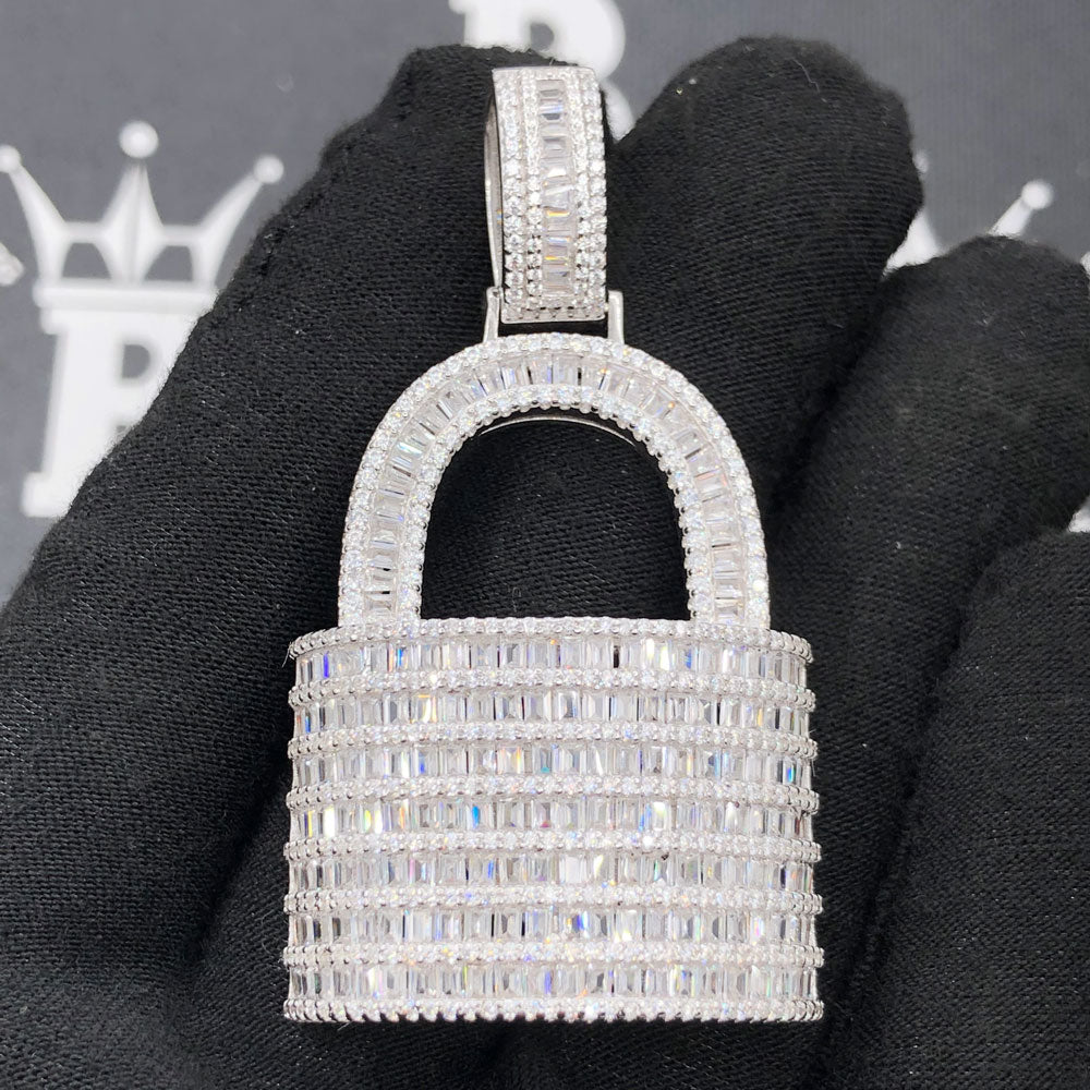 .925 Silver Padlock Baguette VVS CZ Iced Out Pendant White Gold HipHopBling