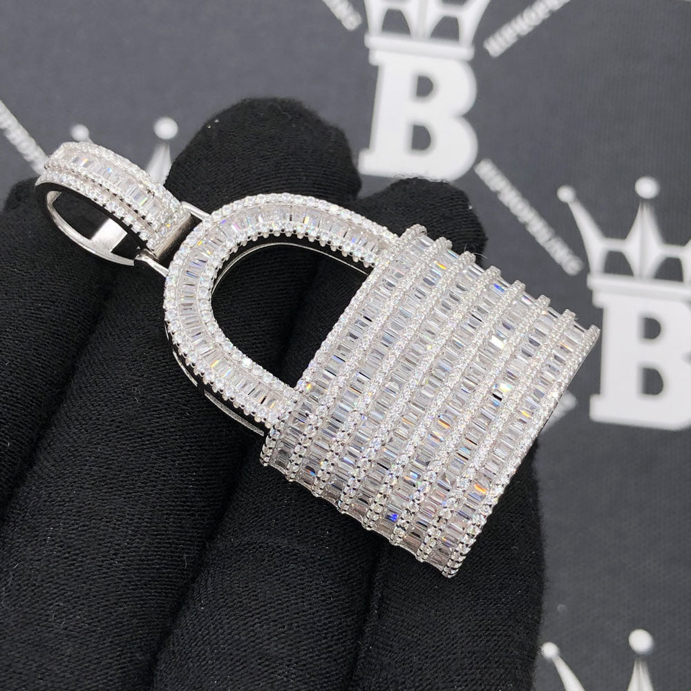 .925 Silver Padlock Baguette VVS CZ Iced Out Pendant White Gold HipHopBling