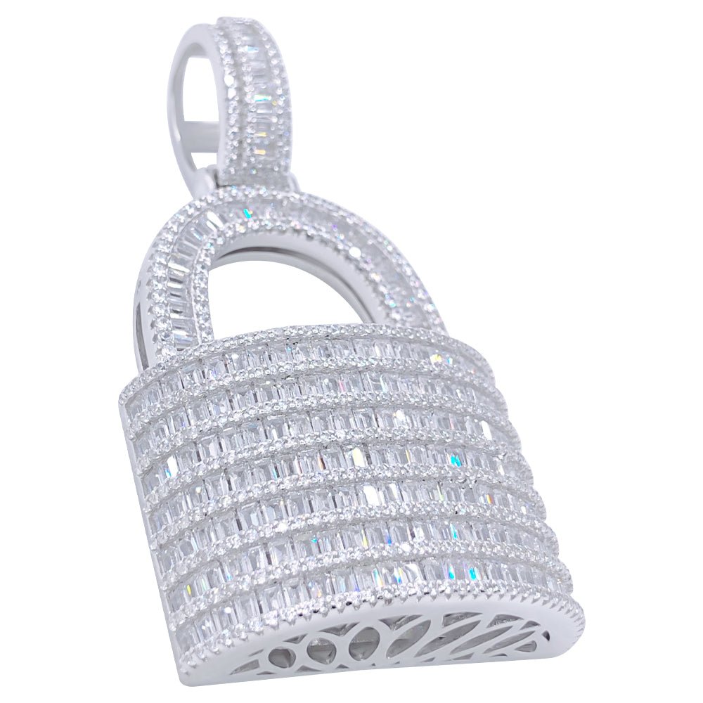 .925 Silver Padlock Baguette VVS CZ Iced Out Pendant White Gold HipHopBling