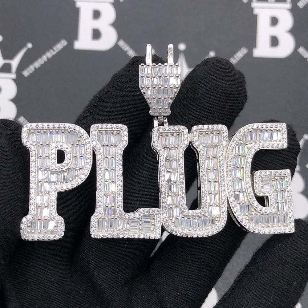 .925 Silver PLUG Baguette Letters VVS CZ Iced Out Pendant HipHopBling