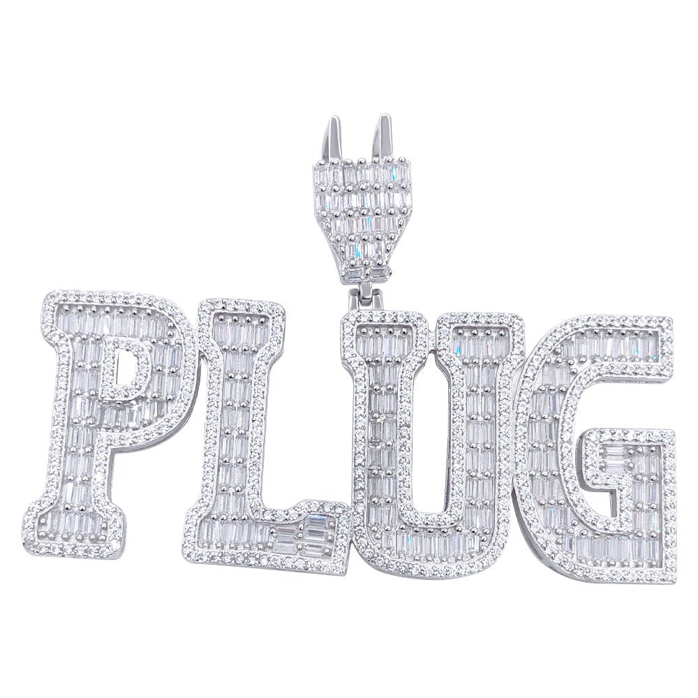 .925 Silver PLUG Baguette Letters VVS CZ Iced Out Pendant White Gold HipHopBling