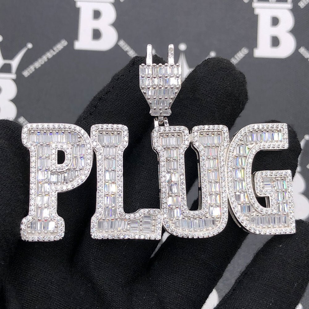 .925 Silver PLUG Baguette Letters VVS CZ Iced Out Pendant White Gold HipHopBling