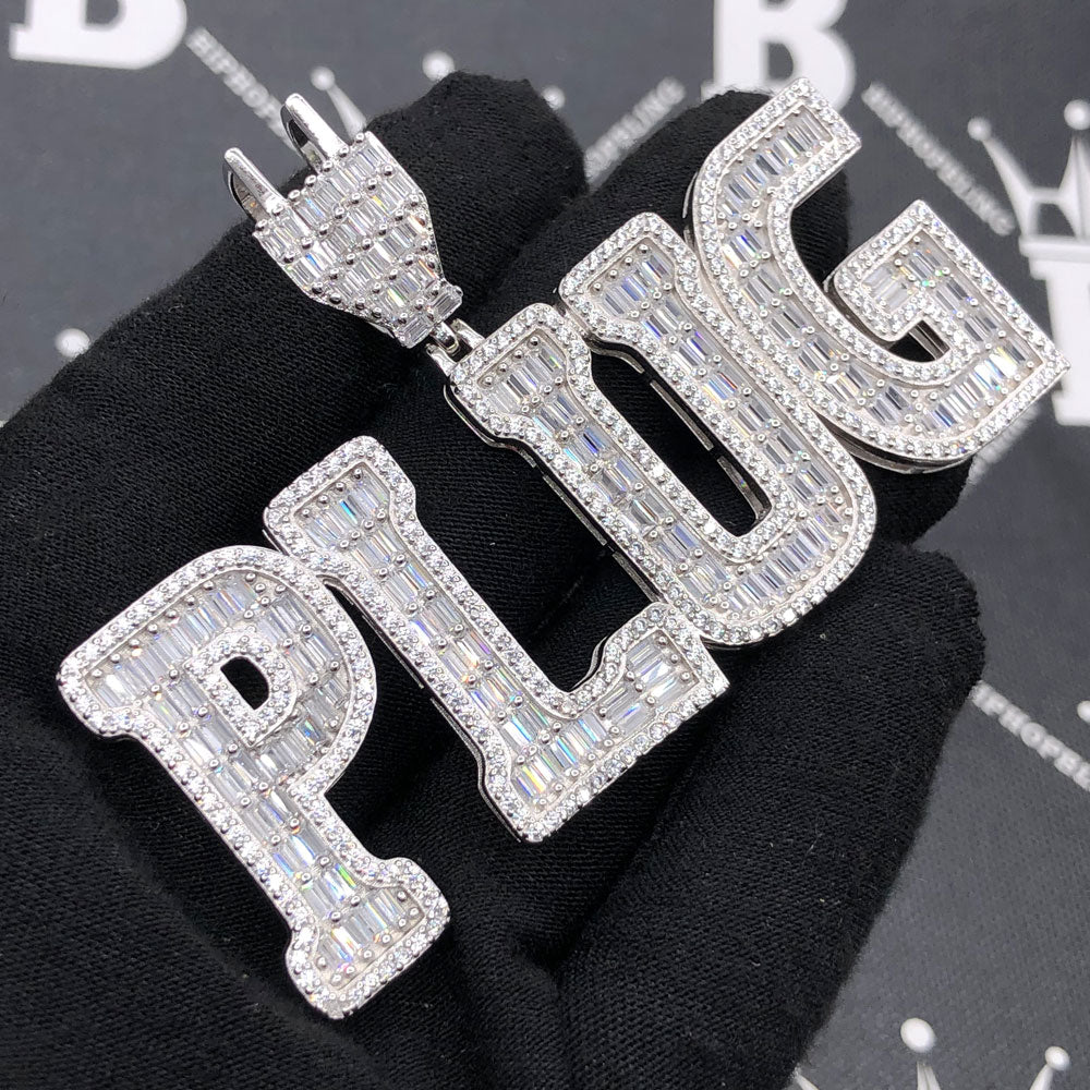 .925 Silver PLUG Baguette Letters VVS CZ Iced Out Pendant White Gold HipHopBling