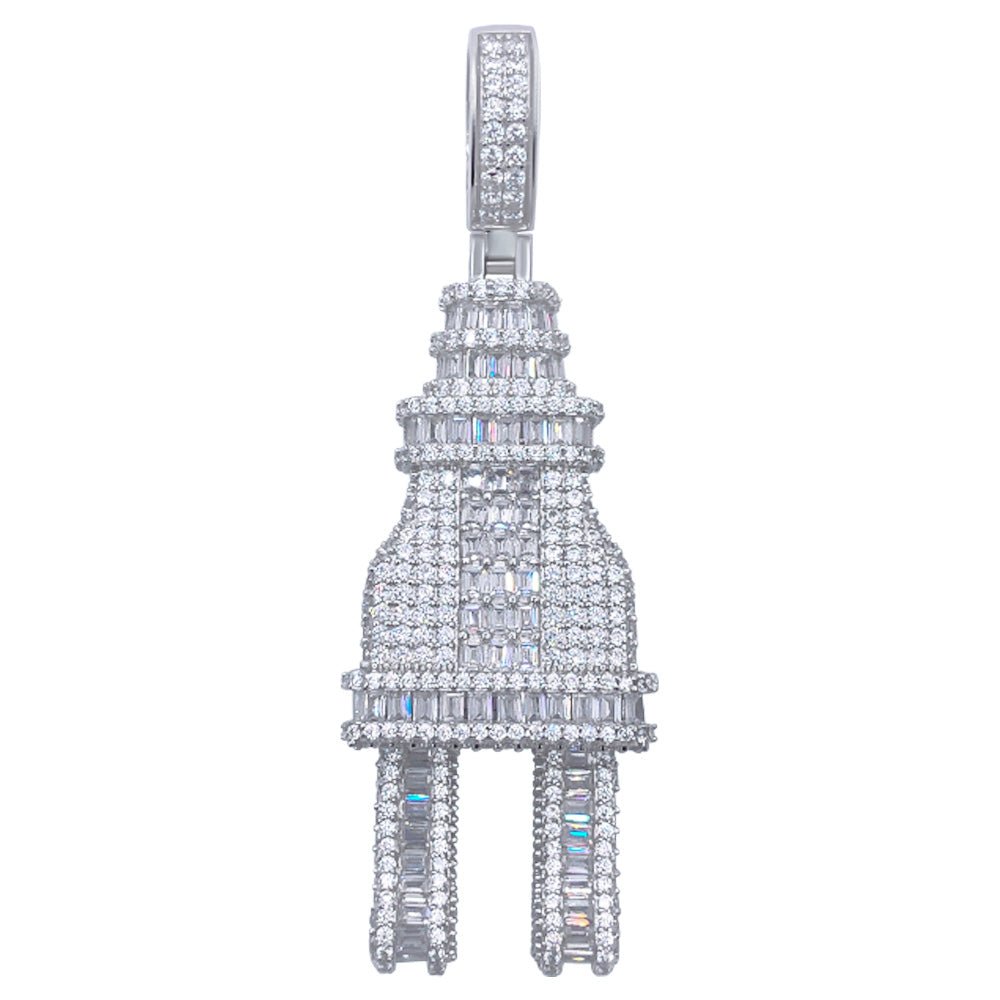 .925 Silver Plug Baguette VVS CZ Iced Out Pendant White Gold HipHopBling