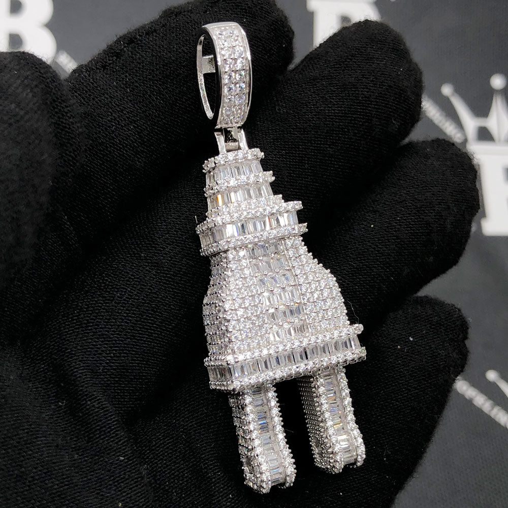 .925 Silver Plug Baguette VVS CZ Iced Out Pendant White Gold HipHopBling