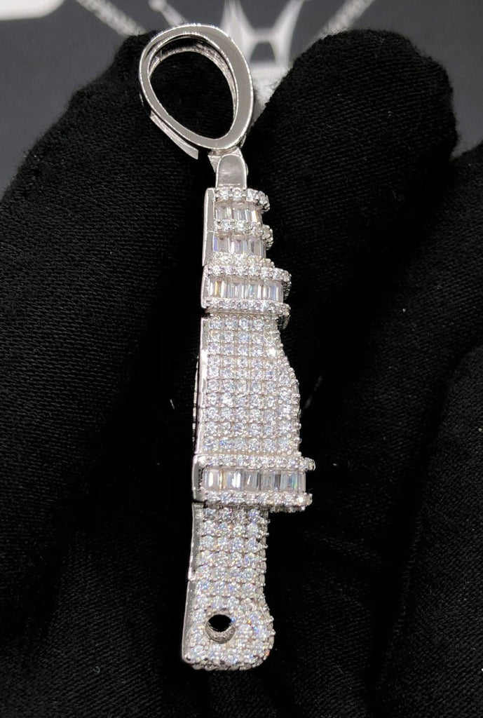 .925 Silver Plug Baguette VVS CZ Iced Out Pendant White Gold HipHopBling
