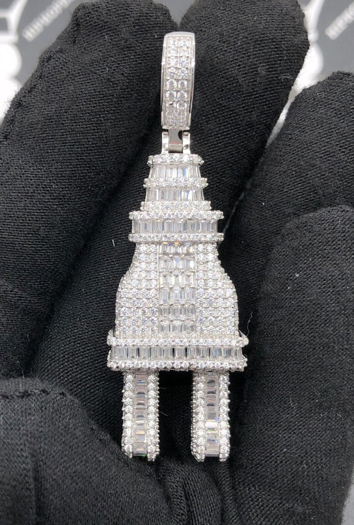.925 Silver Plug Baguette VVS CZ Iced Out Pendant White Gold HipHopBling