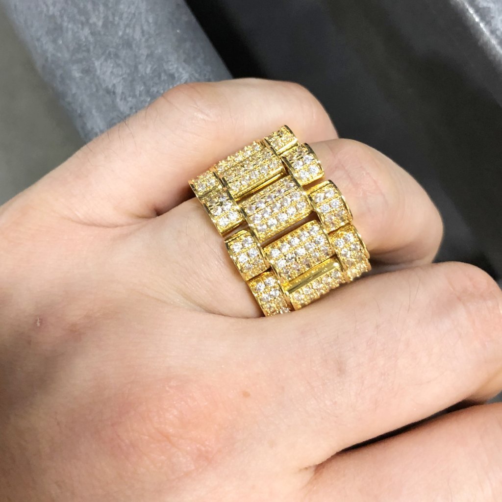 .925 Silver Presidential Link Gold CZ Bling Bling Ring 7 HipHopBling