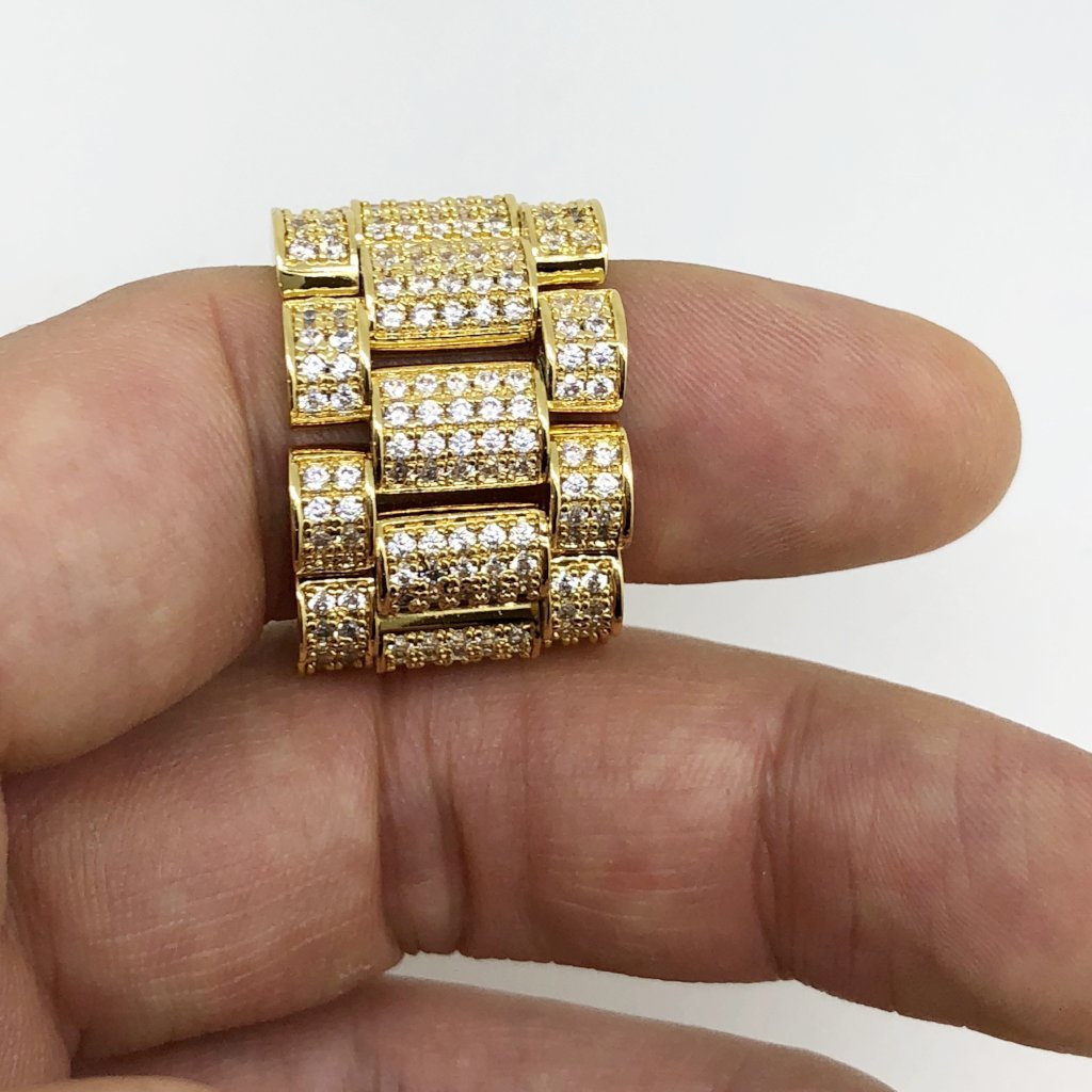 .925 Silver Presidential Link Gold CZ Bling Bling Ring 7 HipHopBling