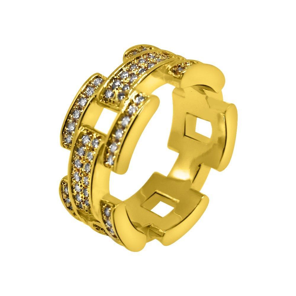 .925 Silver Prez Link Eternity Band Gold CZ Bling Ring 7 HipHopBling