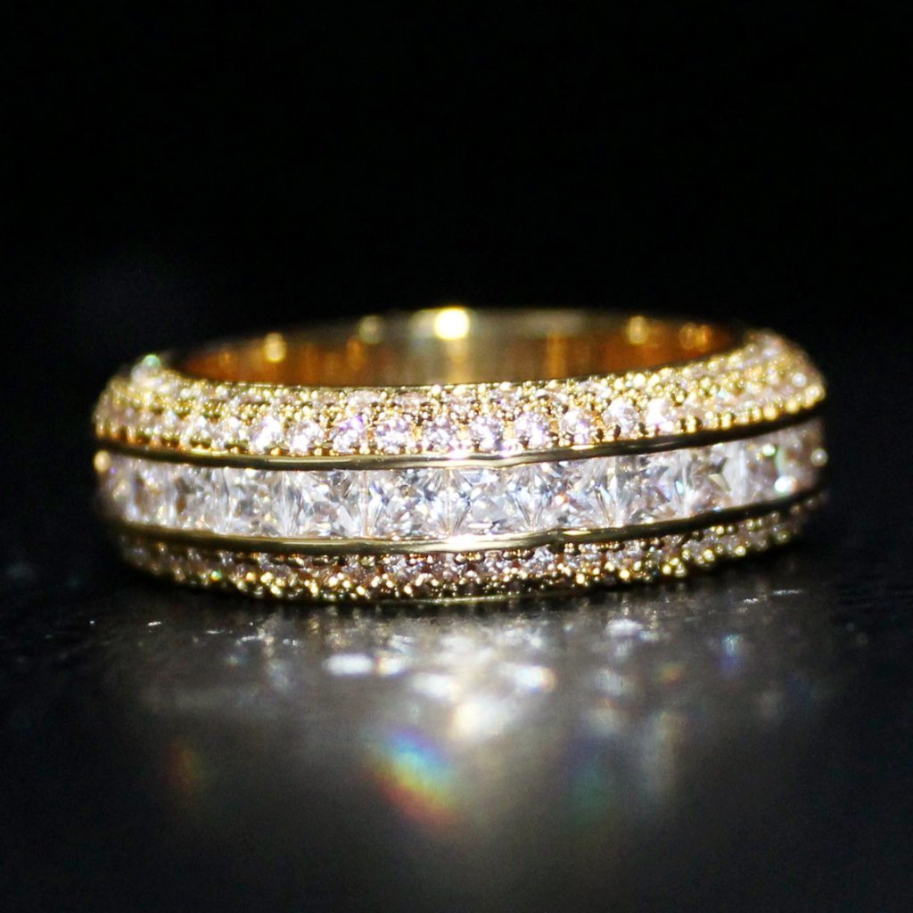.925 Silver Princess Cut Channel Set CZ Eternity Band Ring in Gold HipHopBling