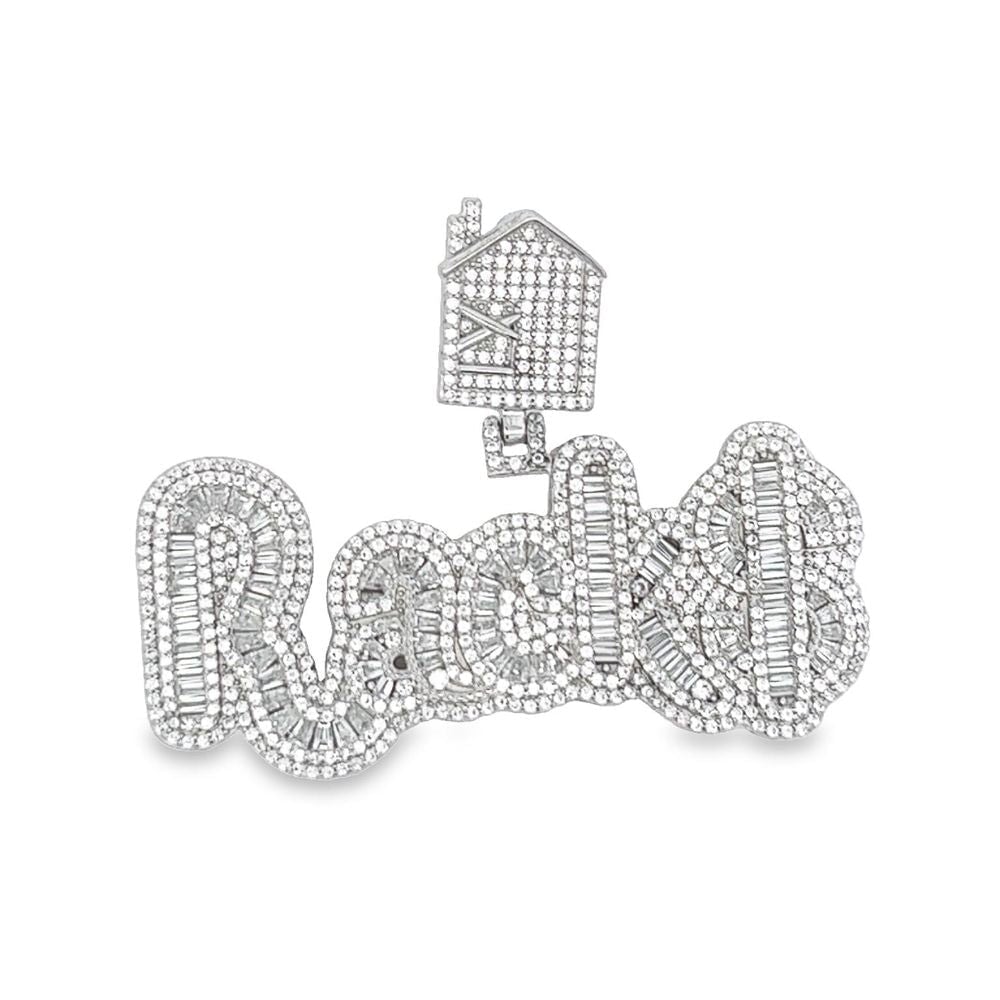 .925 Silver RACK$ Baguette CZ Iced Out Pendant White Gold HipHopBling