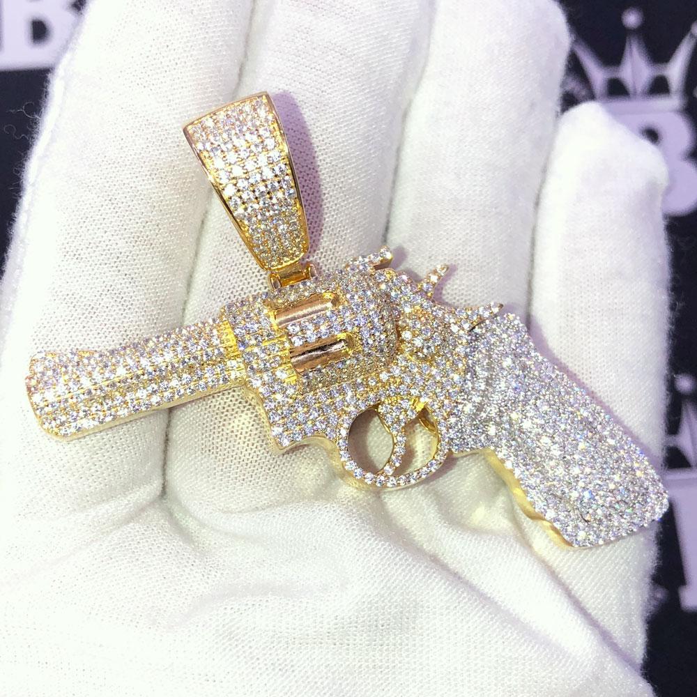 .925 Silver Revolver Gun VVS CZ Iced Out Pendant Yellow Gold HipHopBling