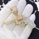 .925 Silver Revolver Gun VVS CZ Iced Out Pendant Yellow Gold HipHopBling