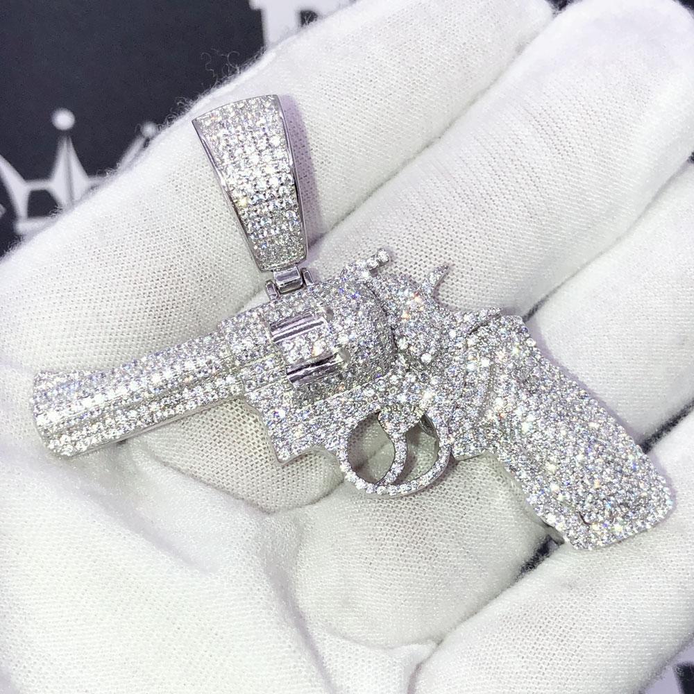 .925 Silver Revolver Gun VVS CZ Iced Out Pendant Yellow Gold HipHopBling