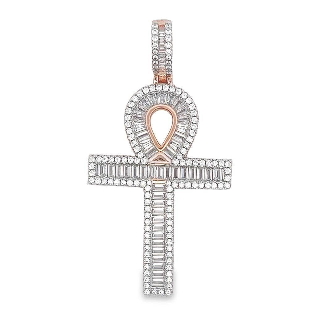 .925 Silver Rose Ankh Baguette CZ Iced Out Pendant Rose Gold HipHopBling