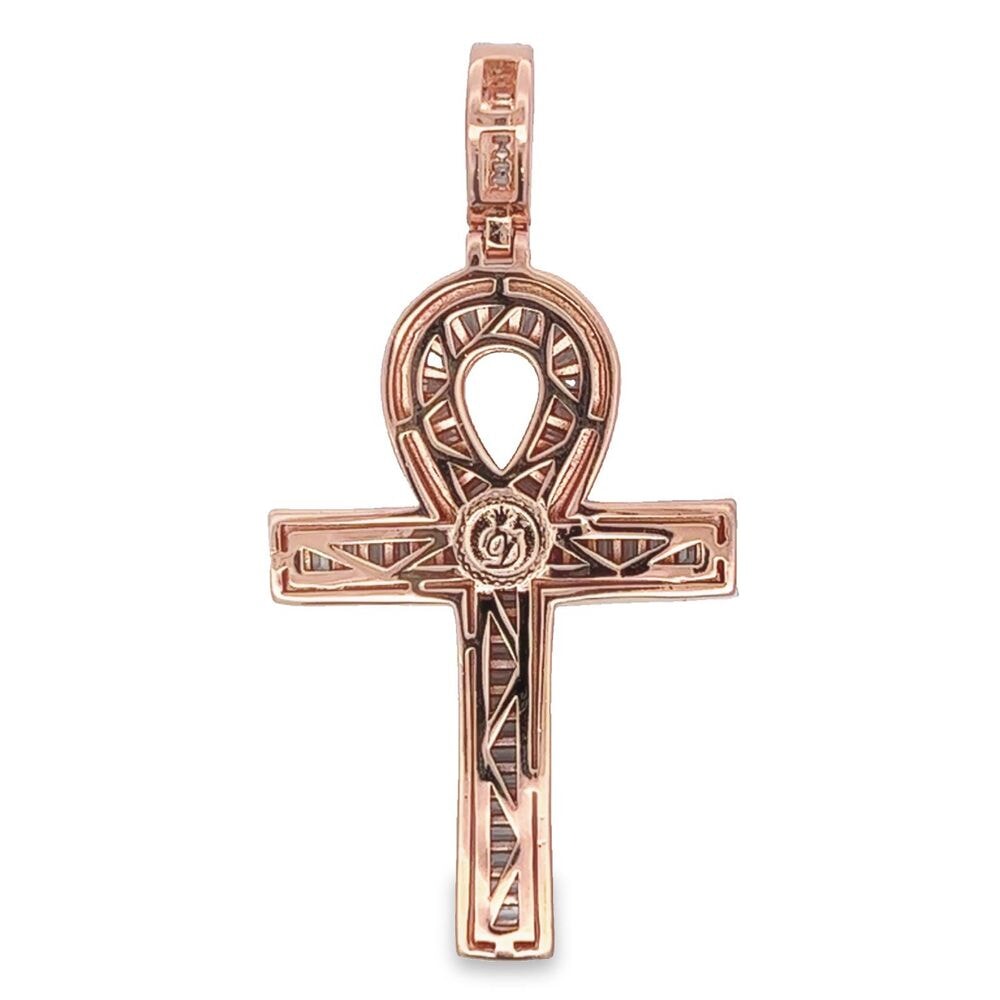 .925 Silver Rose Ankh Baguette CZ Iced Out Pendant Rose Gold HipHopBling