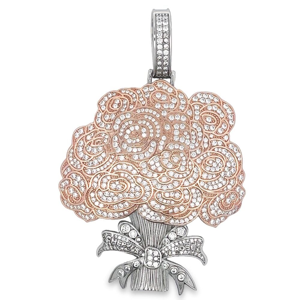 .925 Silver Rose Bouquet CZ Iced Out Pendant White Gold HipHopBling