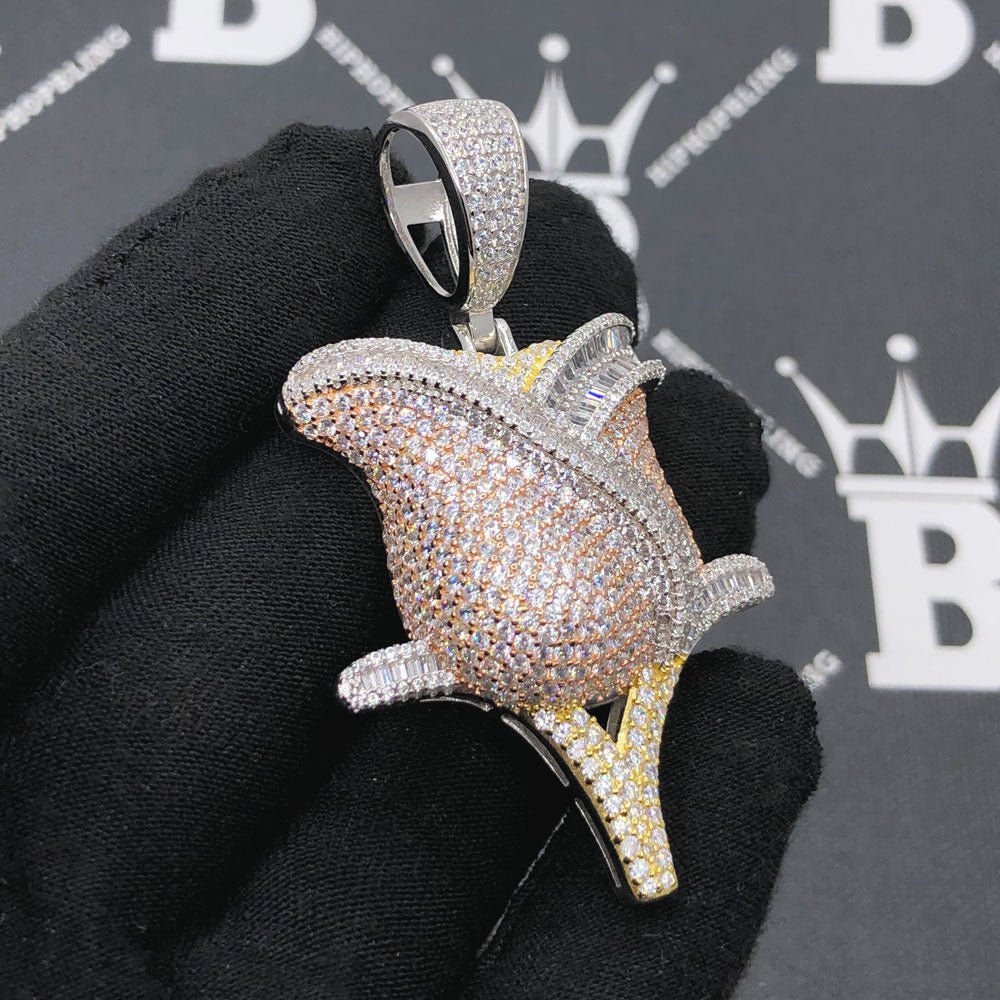 .925 Silver Rose Flower Baguette VVS CZ Iced Out Pendant White Gold HipHopBling