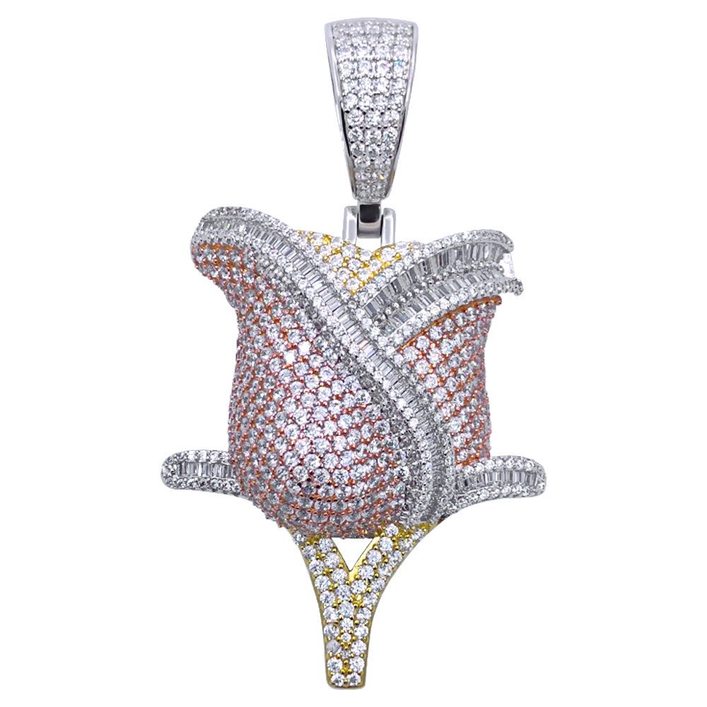 .925 Silver Rose Flower Baguette VVS CZ Iced Out Pendant White Gold HipHopBling