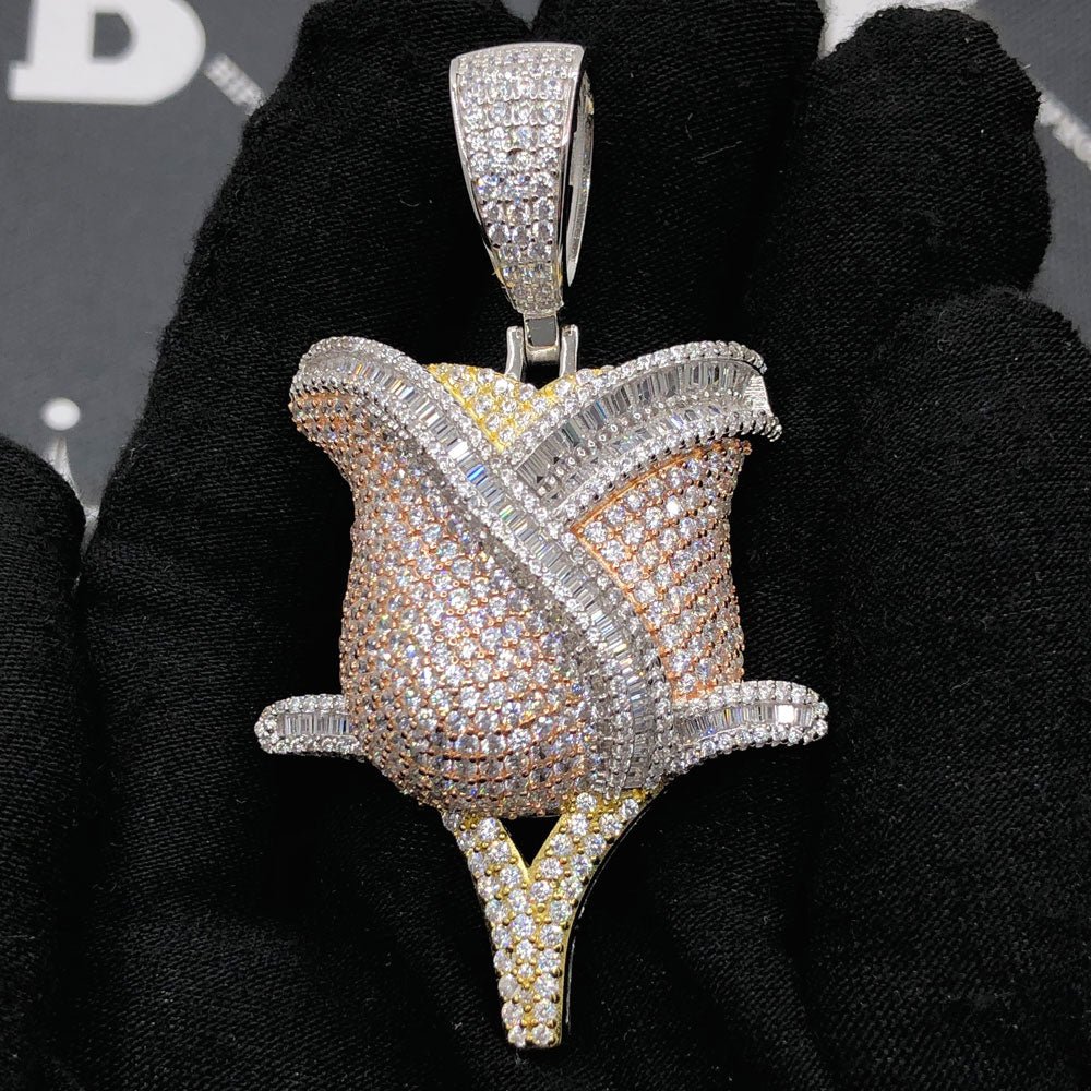 .925 Silver Rose Flower Baguette VVS CZ Iced Out Pendant White Gold HipHopBling