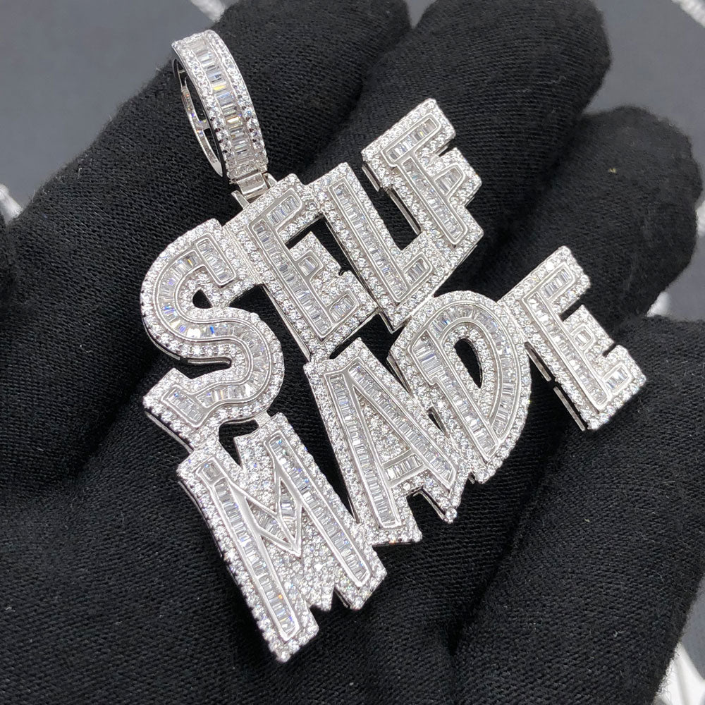 .925 Silver SELF MADE Baguette VVS CZ Iced Out Pendant White Gold HipHopBling