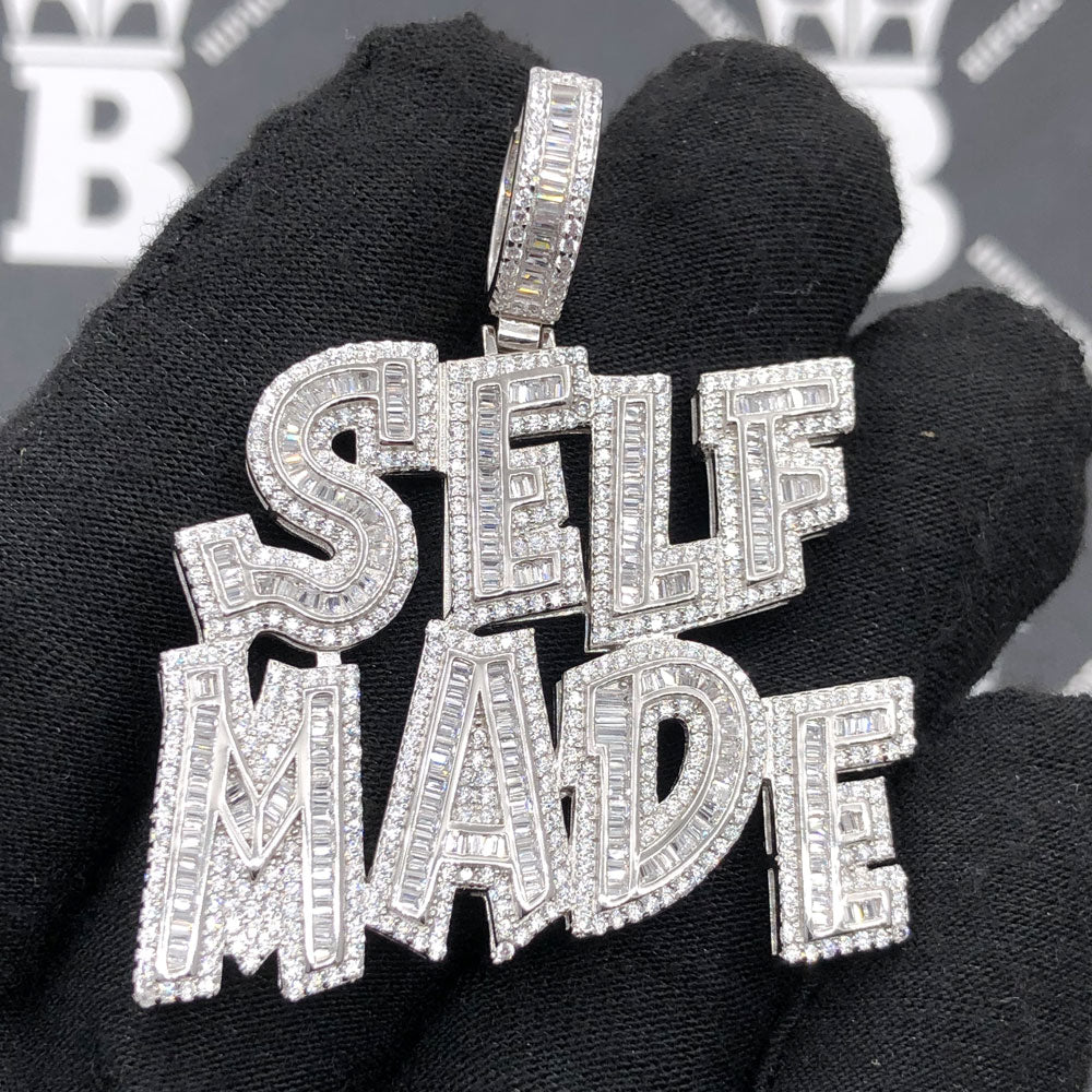 .925 Silver SELF MADE Baguette VVS CZ Iced Out Pendant White Gold HipHopBling