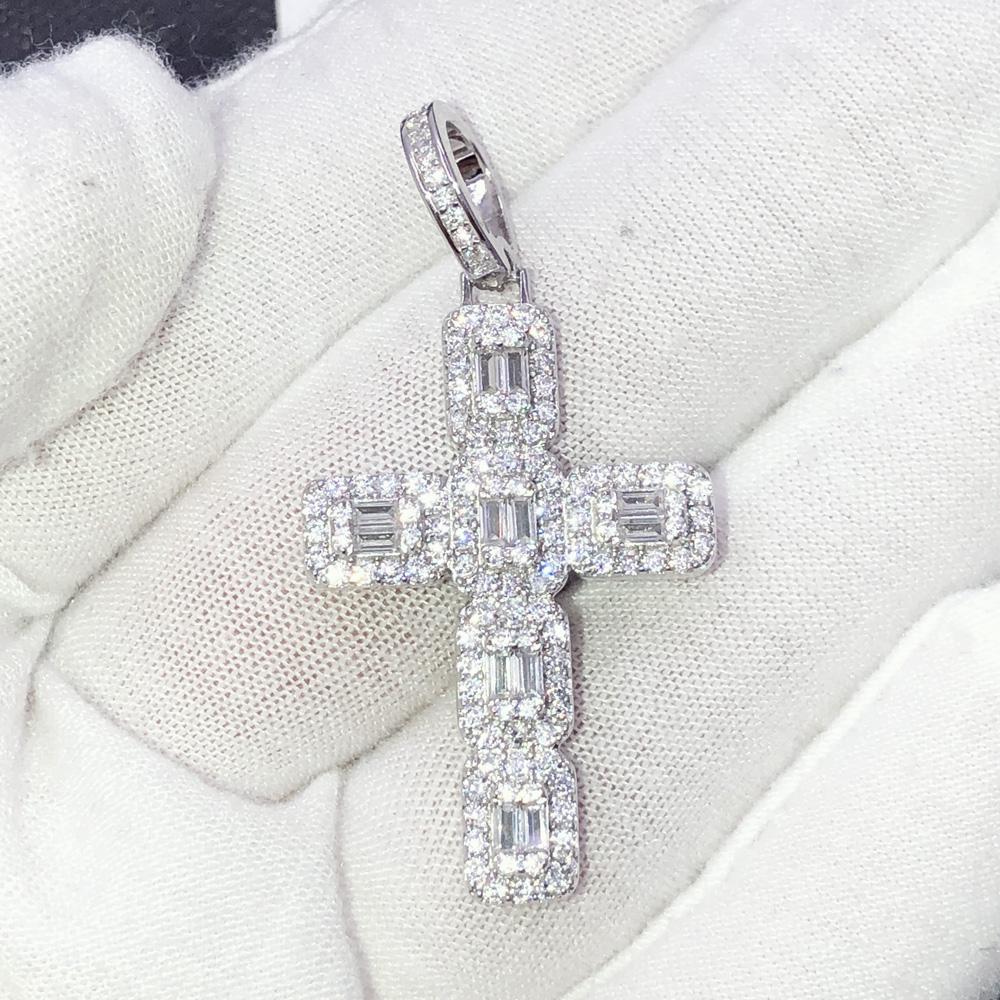 .925 Silver Skinny Baguette Cluster Cross VVS CZ Iced Out Pendant Yellow Gold HipHopBling