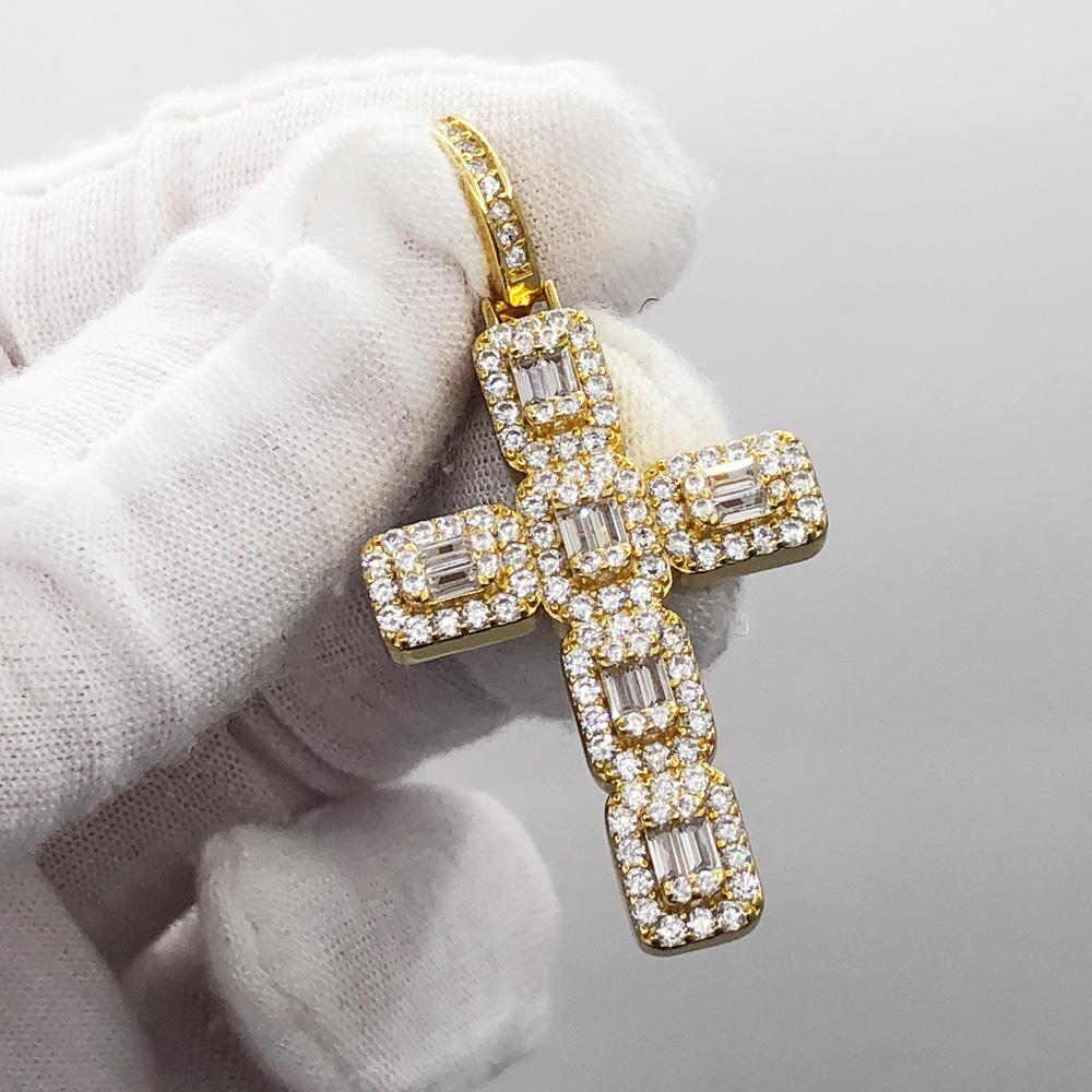 .925 Silver Skinny Baguette Cluster Cross VVS CZ Iced Out Pendant Yellow Gold HipHopBling