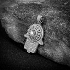 .925 Silver Spinning Hamsa Baguette CZ Iced Out Pendant White Gold HipHopBling