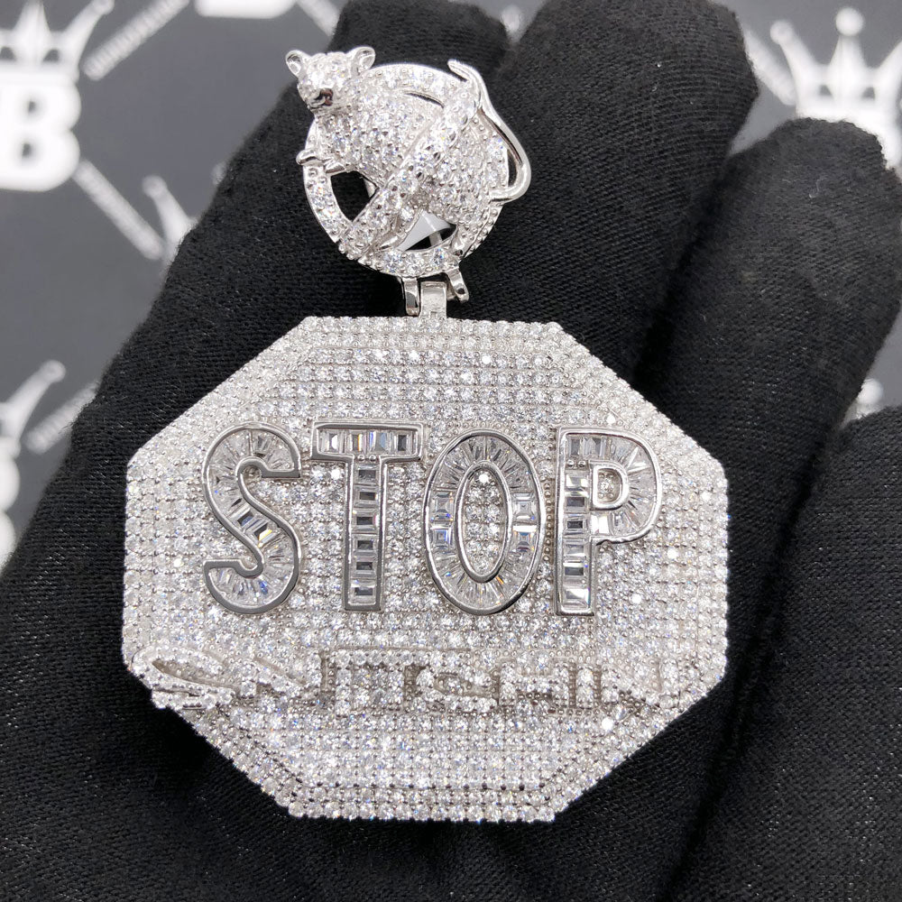 .925 Silver STOP Snitching VVS CZ Iced Out Pendant White Gold HipHopBling