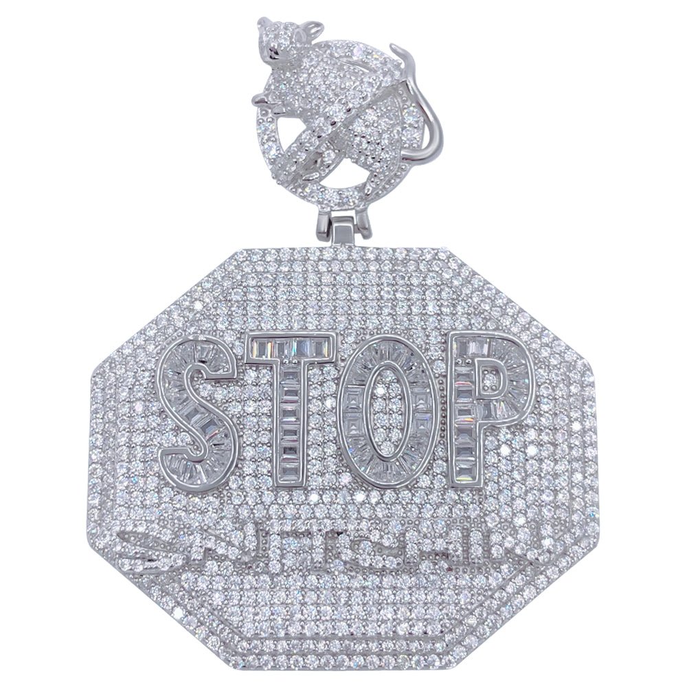 .925 Silver STOP Snitching VVS CZ Iced Out Pendant White Gold HipHopBling