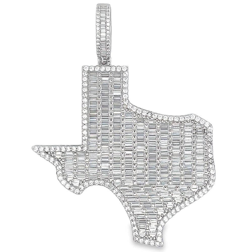 .925 Silver Texas State Baguette CZ Iced Out Pendant White Gold HipHopBling