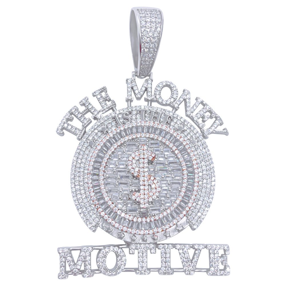 .925 Silver $ The Money Motive Baguette VVS CZ Iced Out Pendant White Gold HipHopBling