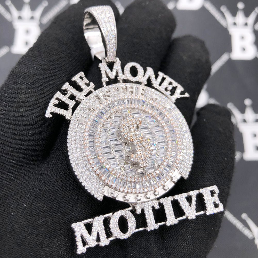 .925 Silver $ The Money Motive Baguette VVS CZ Iced Out Pendant White Gold HipHopBling