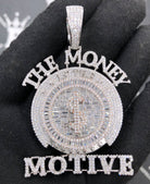 .925 Silver $ The Money Motive Baguette VVS CZ Iced Out Pendant White Gold HipHopBling