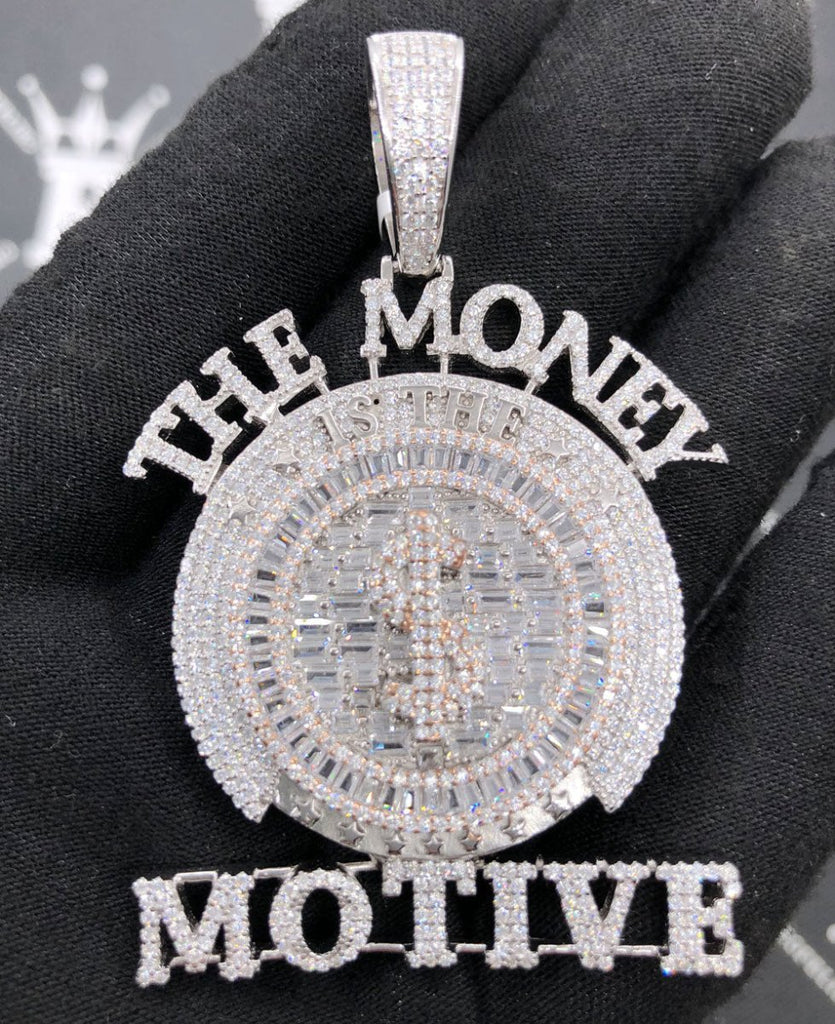 .925 Silver $ The Money Motive Baguette VVS CZ Iced Out Pendant White Gold HipHopBling