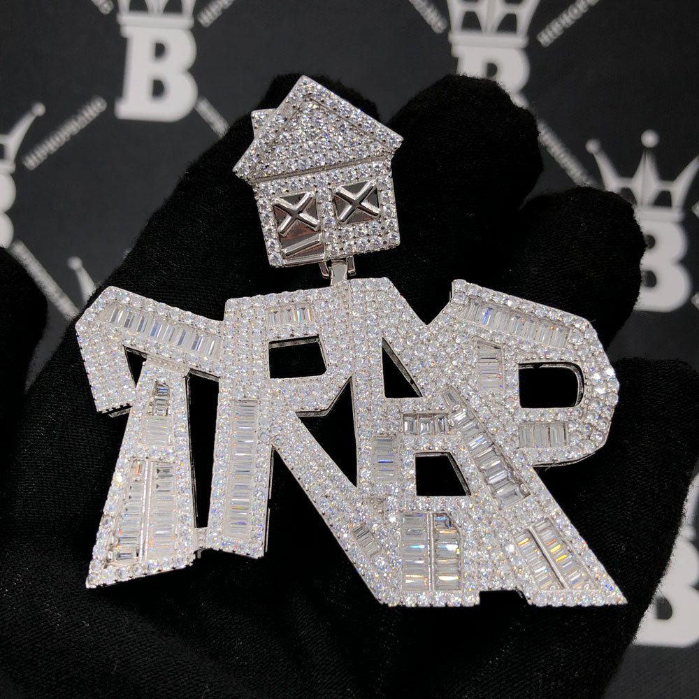 .925 Silver TRAP Baguette VVS CZ Iced Out Pendant White Gold HipHopBling